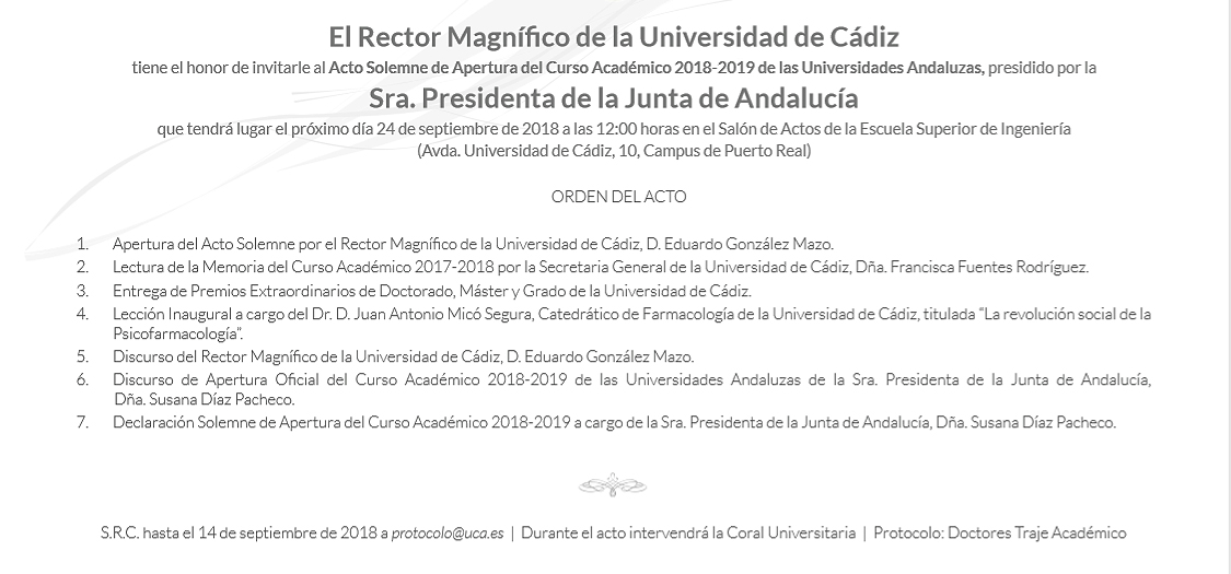 La UCA acogerá el acto solemne de Apertura del Curso Académico 2018/19 de las Universidades Andaluzas