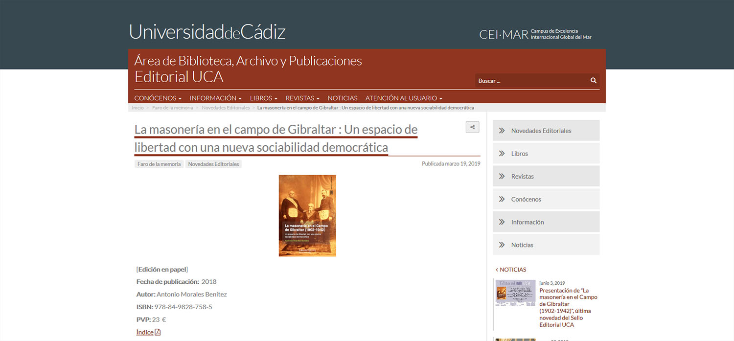 El sello Editorial UCA presenta ‘La masonería en el Campo de Gibraltar (1902-1942)’